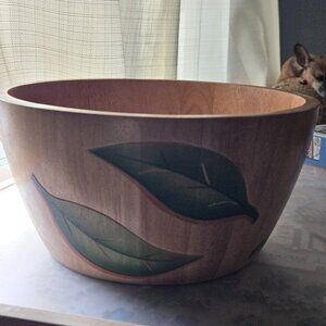Clay‎ Art Hand Painted Wood Bowl with Green Leaf Design Tropical Vintage Large